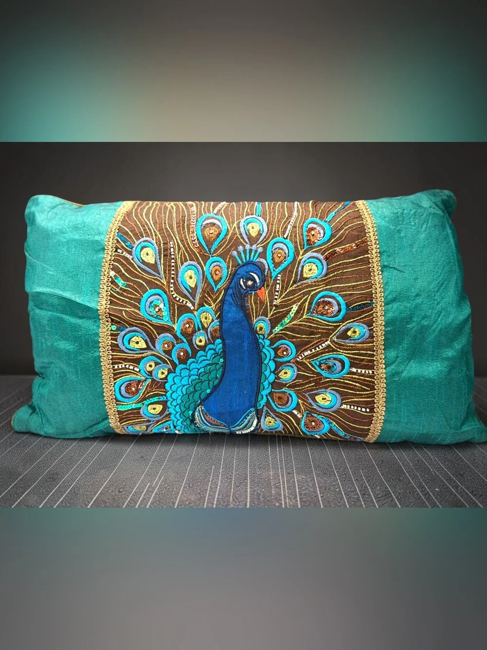 Pier 1 Imports Peacock Embroidered Sequin Lumbar Pillow 12x20 Teal Brown Gold